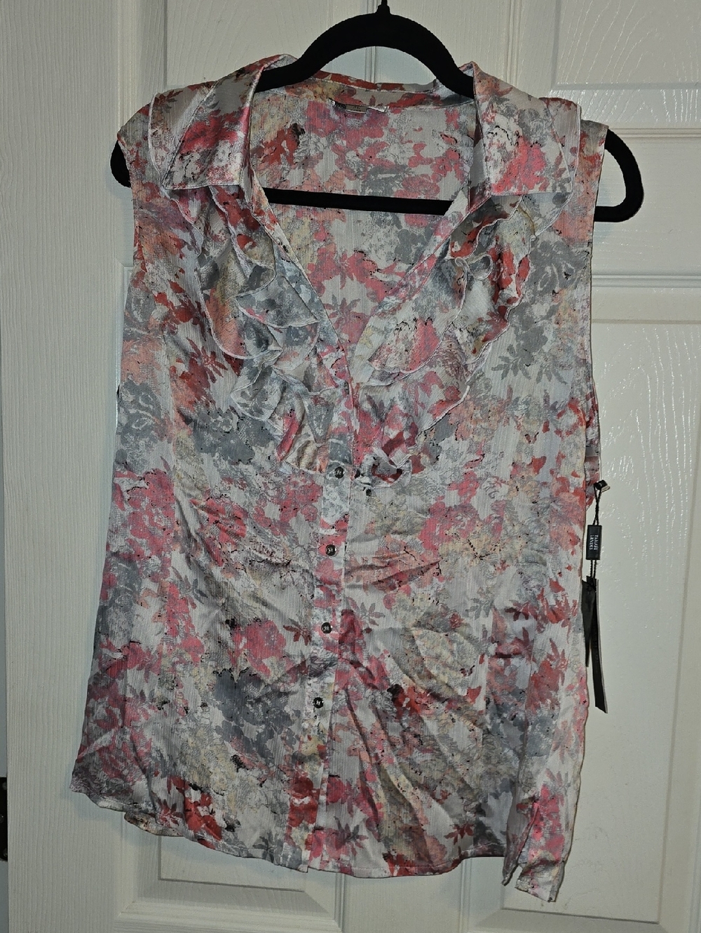 Sleeveless Ruffle-Front Button Down Blouse in Pink and Gray